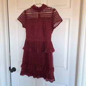 Crochet sheer tiered maroon mini dress